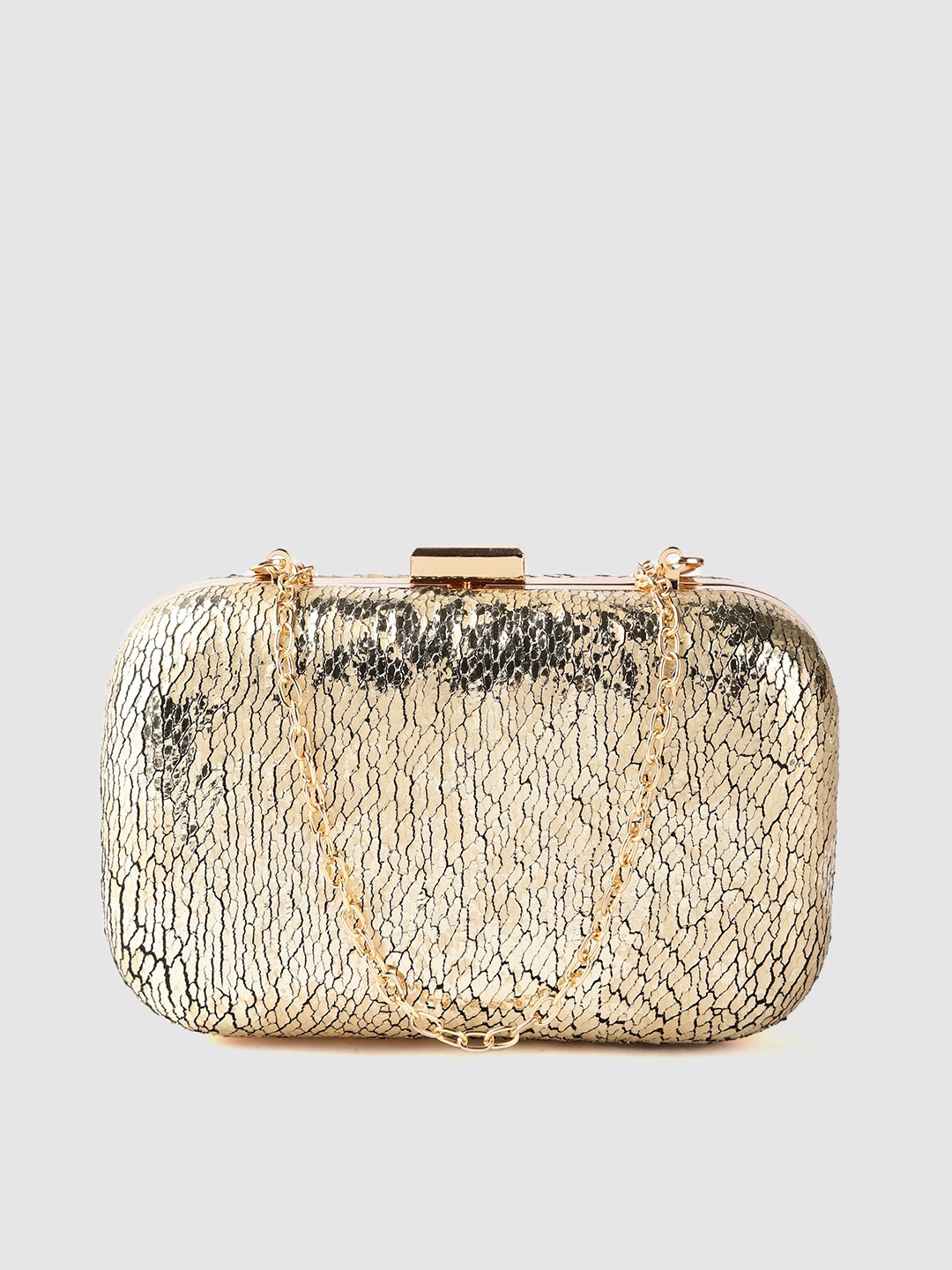 

Lino Perros Gold-Toned Textured Box Clutch with Detachable Sling Strap