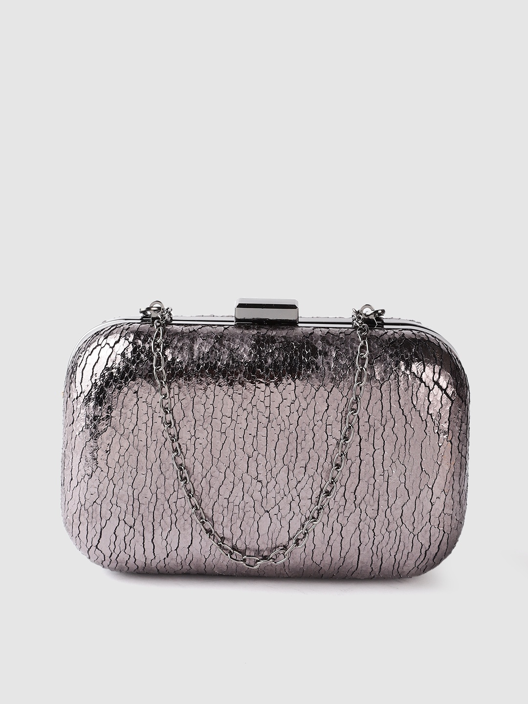 

Lino Perros Gunmetal-Toned Textured Box Clutch with Detachable Sling Strap, Metallic