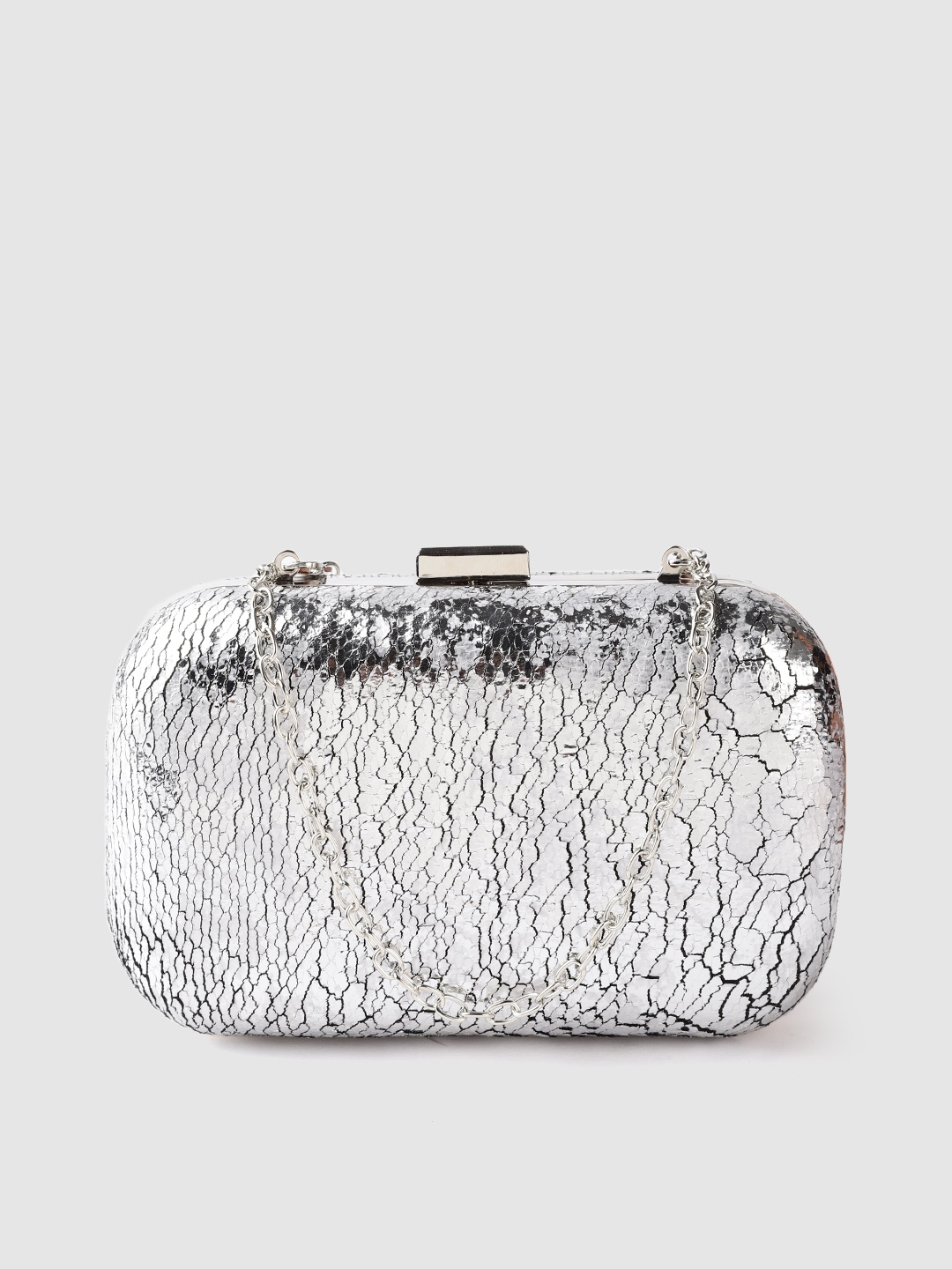 

Lino Perros Silver-Toned Textured Box Clutch with Detachable Sling Strap