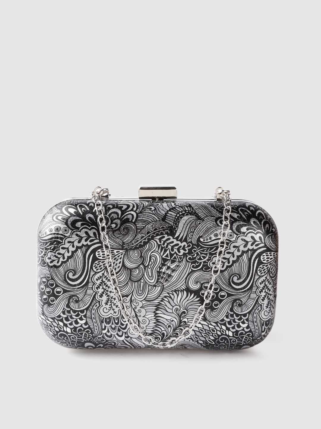 

Lino Perros Black & Silver-Toned Printed Box Clutch with Detachable Sling Strap