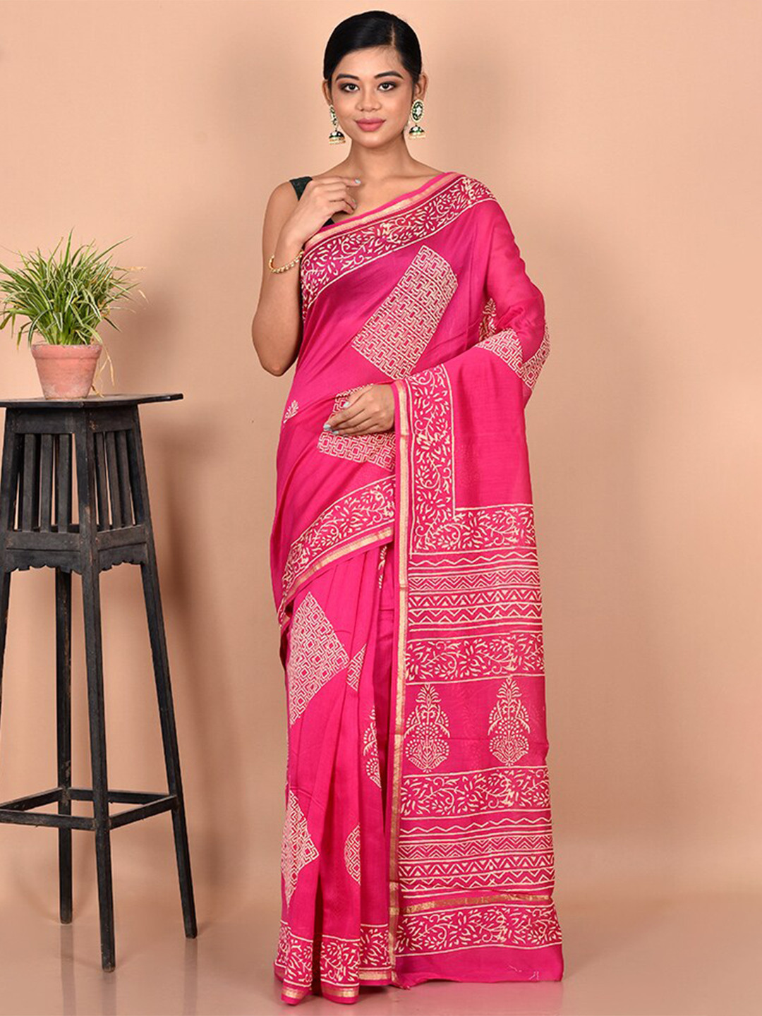 

AllSilks Pink & White Printed Pure Cotton Chanderi Saree