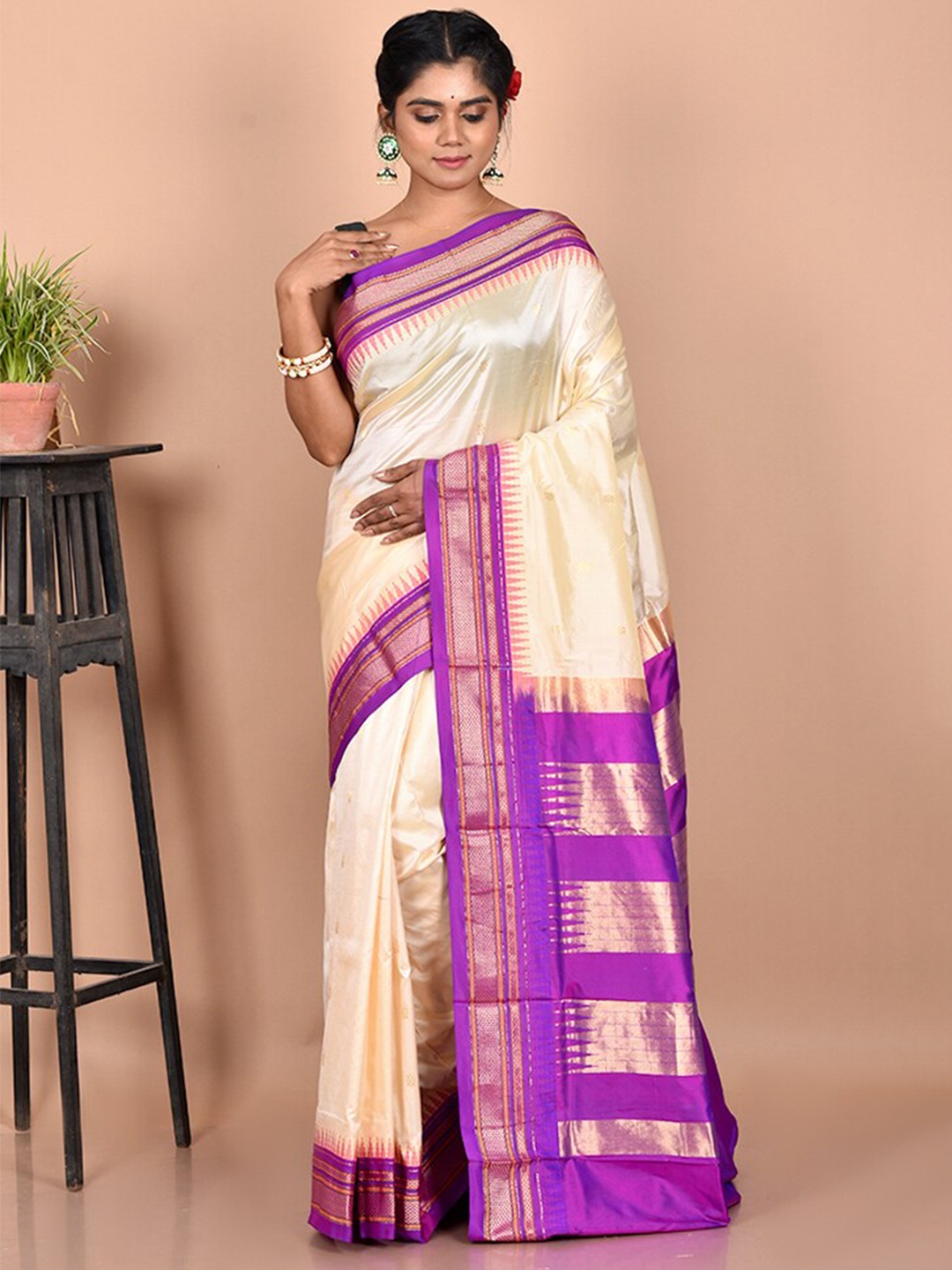 

AllSilks Off White & Purple Woven Design Zari Kanjeevaram Saree