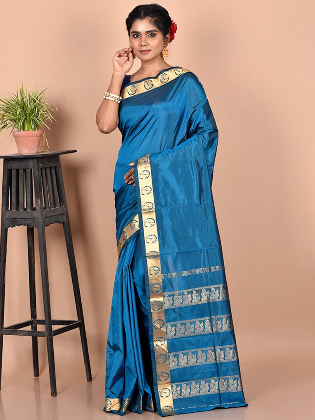 

AllSilks Blue & Gold Zari Traditional Kanjeevaram Saree