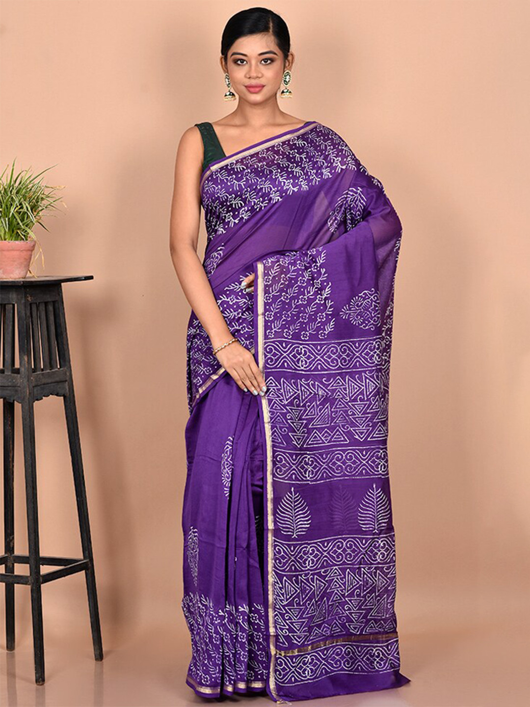 

AllSilks Purple & White Printed Pure Cotton Chanderi Saree