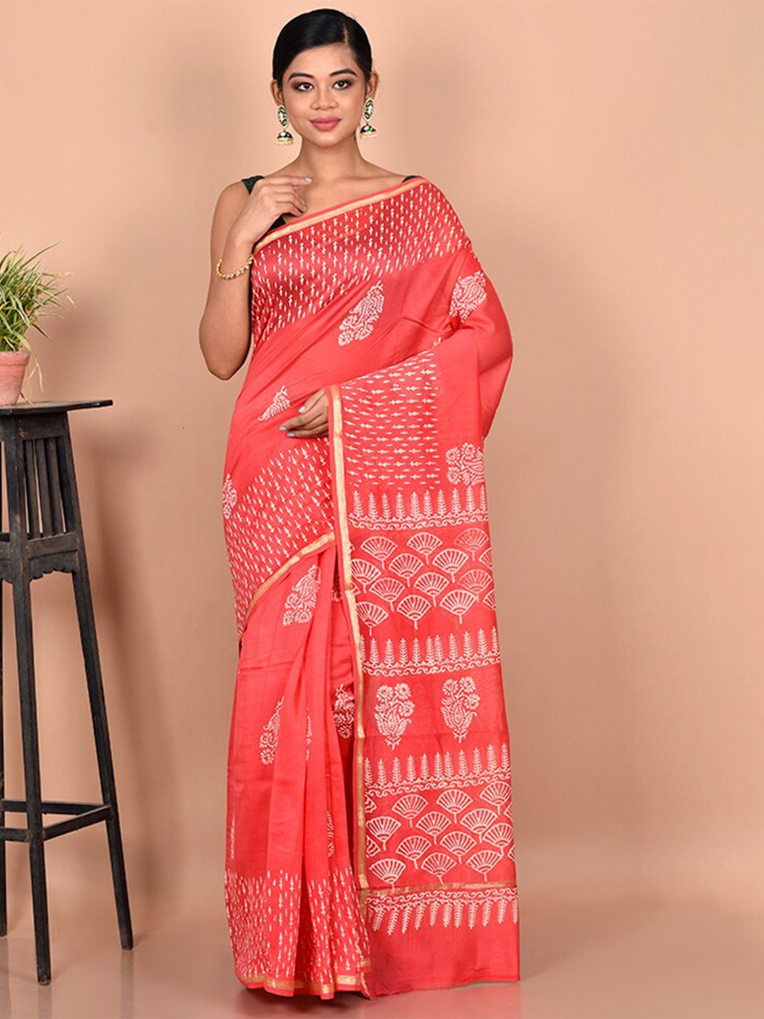 

AllSilks Peach & White Printed Pure Cotton Chanderi Saree