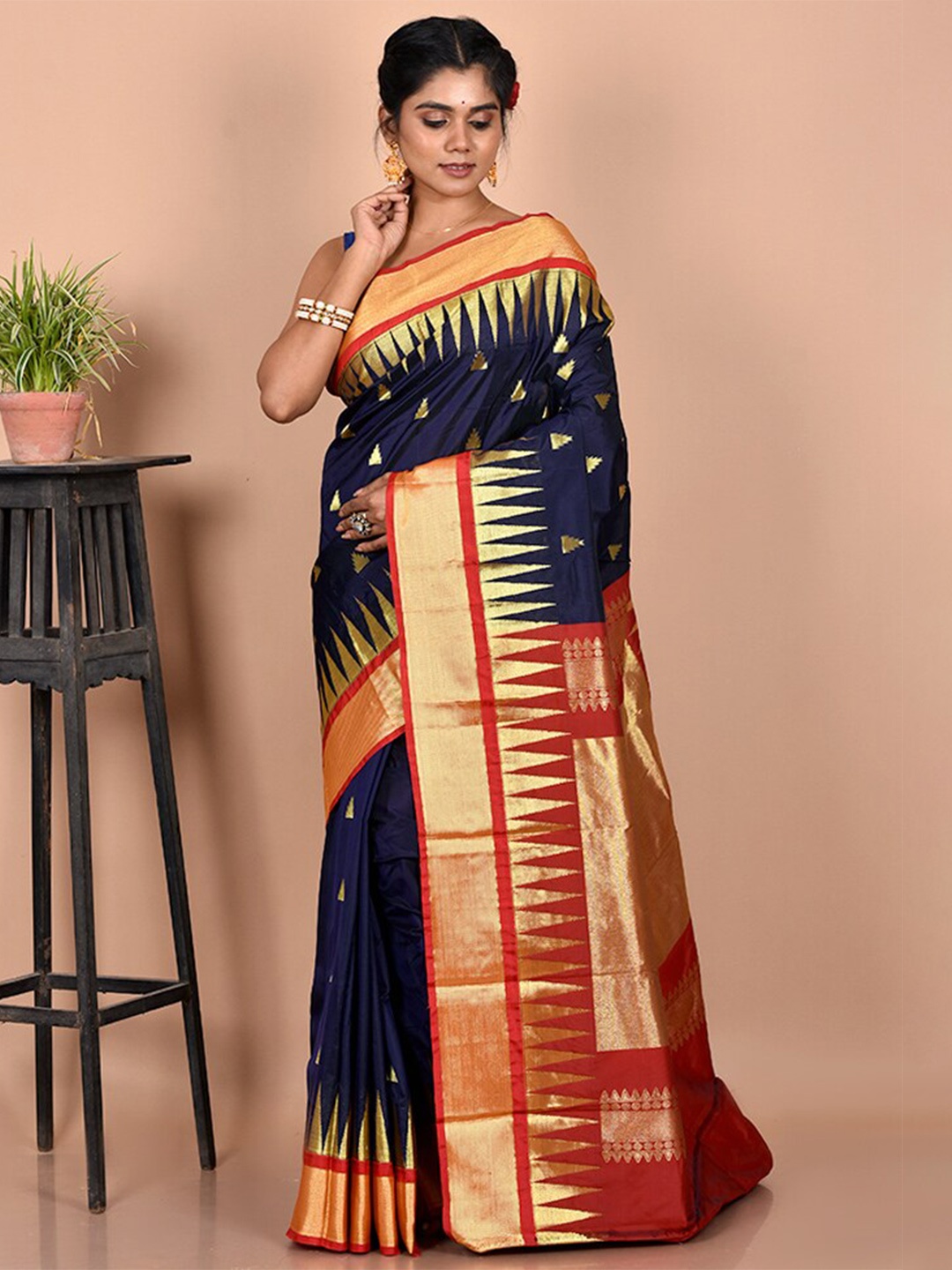 

AllSilks Navy Blue & Red Woven Design Zari Kanjeevaram Saree