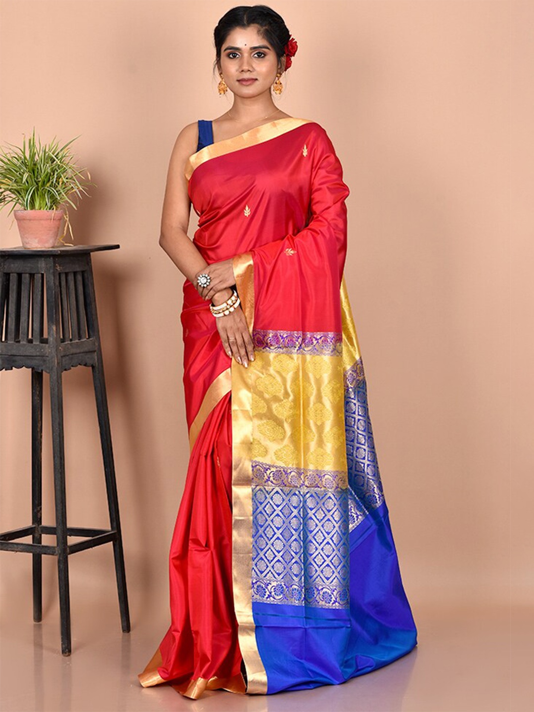 

AllSilks Red & Blue Woven Design Zari Kanjeevaram Saree