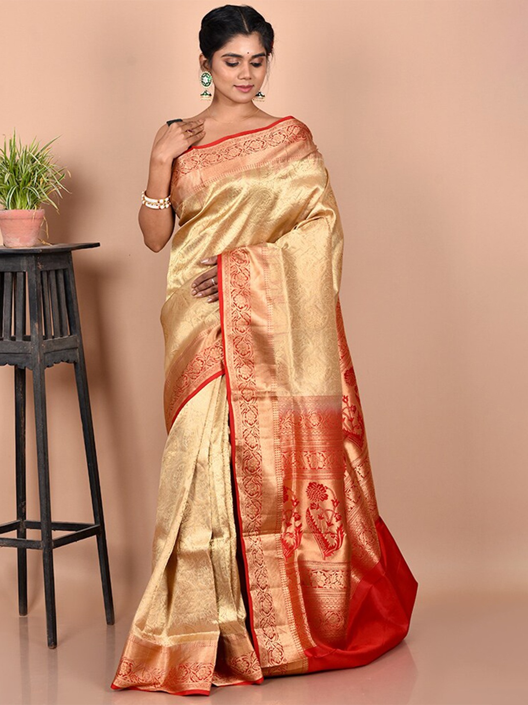 

AllSilks Cream & Red Woven Design Zari Kanjeevaram Saree