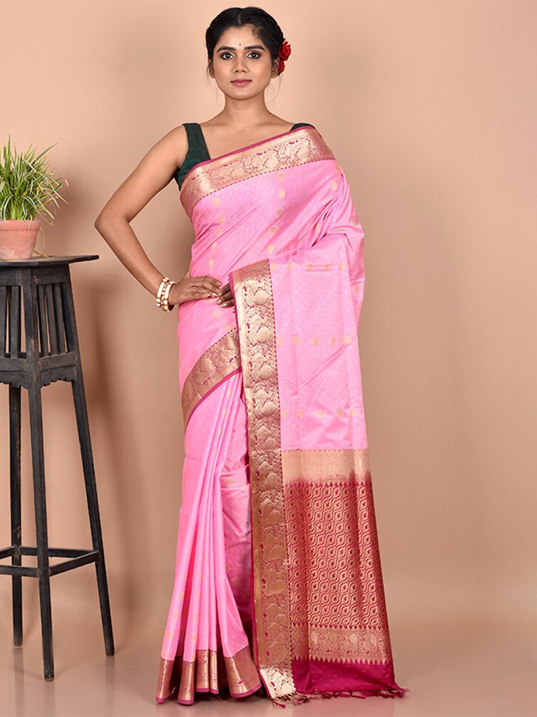 

AllSilks Pink & Gold Woven Design Zari Kanjeevaram Saree