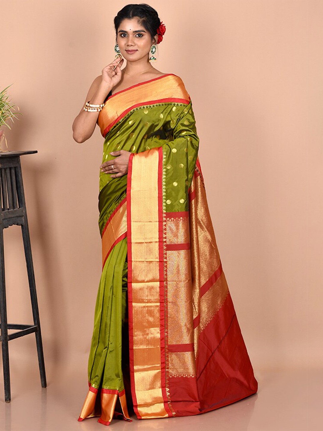 

AllSilks Olive Green & Red Woven Design Zari Kanjeevaram Saree