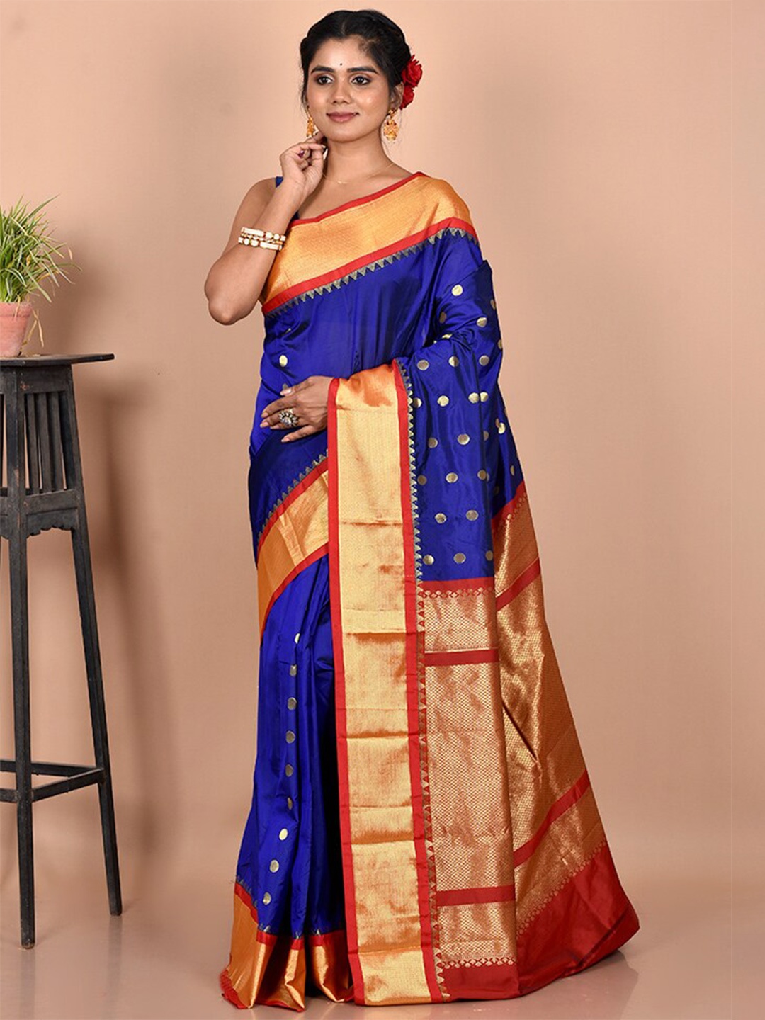 

AllSilks Navy Blue & Red Woven Design Zari Kanjeevaram Saree