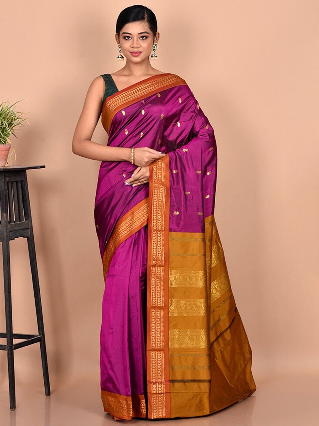 

AllSilks Purple & Mustard Yellow Woven Design Zari Kanjeevaram Saree