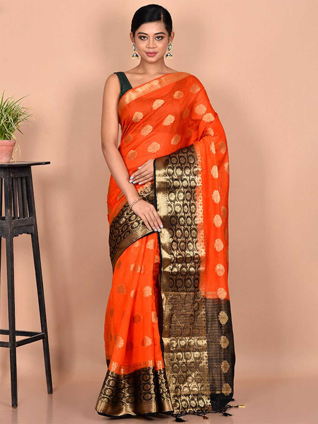 

AllSilks Orange & Black Woven Design Zari Dupion Silk Saree