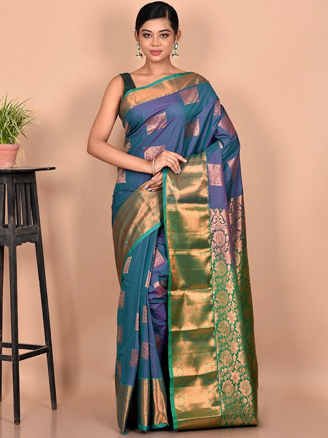 

AllSilks Teal & Green Woven Design Zari Kanjeevaram Saree