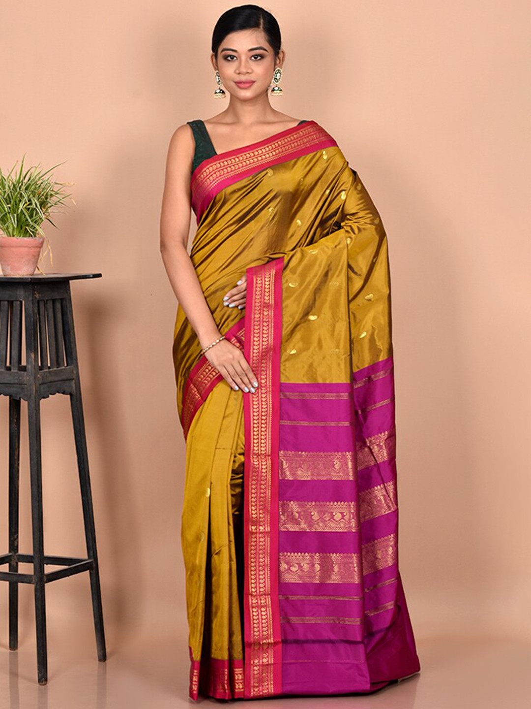 

AllSilks Olive Green & Pink Woven Design Zari Kanjeevaram Saree