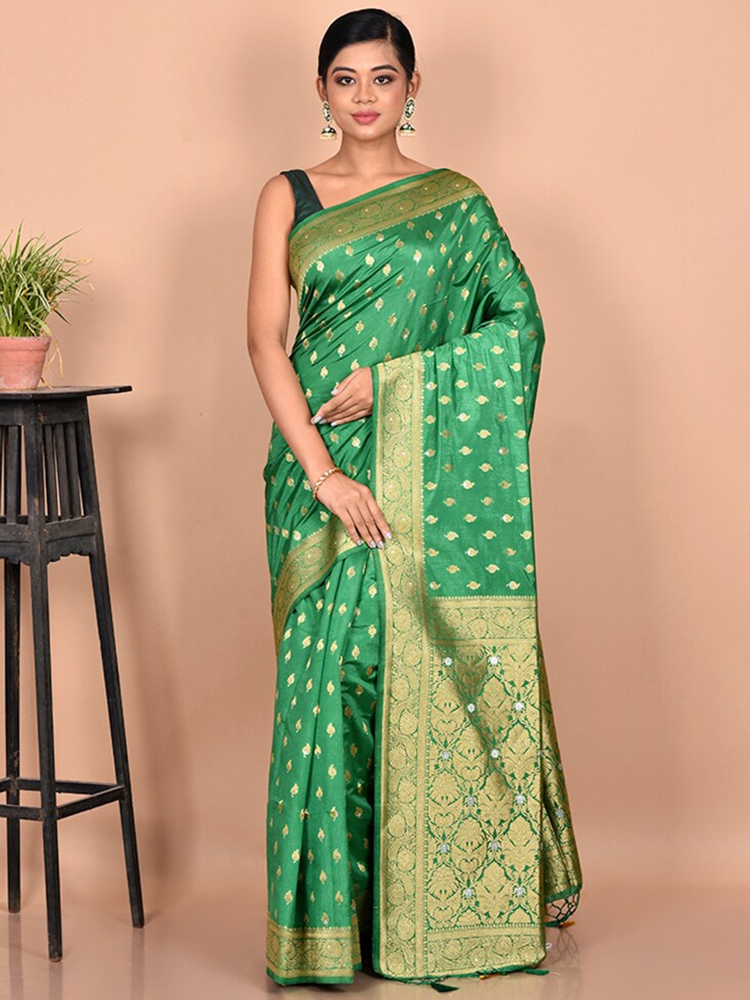 

AllSilks Green & Gold Woven Design Zari Dupion Silk Saree