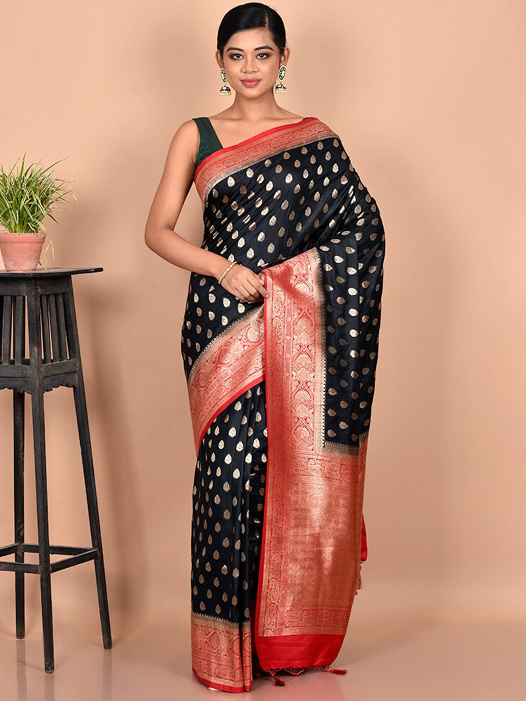 

AllSilks Black & Red Woven Design Zari Dupion Silk Saree