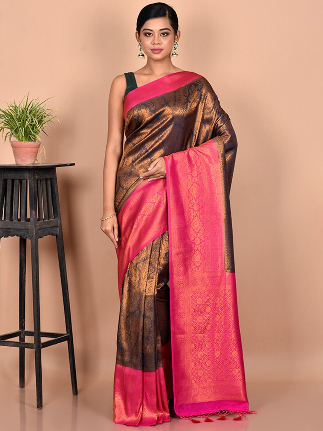 

AllSilks Grey & Pink Woven Design Zari Silk Blend Saree