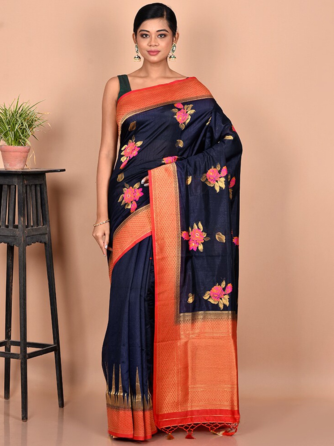 

AllSilks Navy Blue & Red Floral Printed Dupion Silk Saree