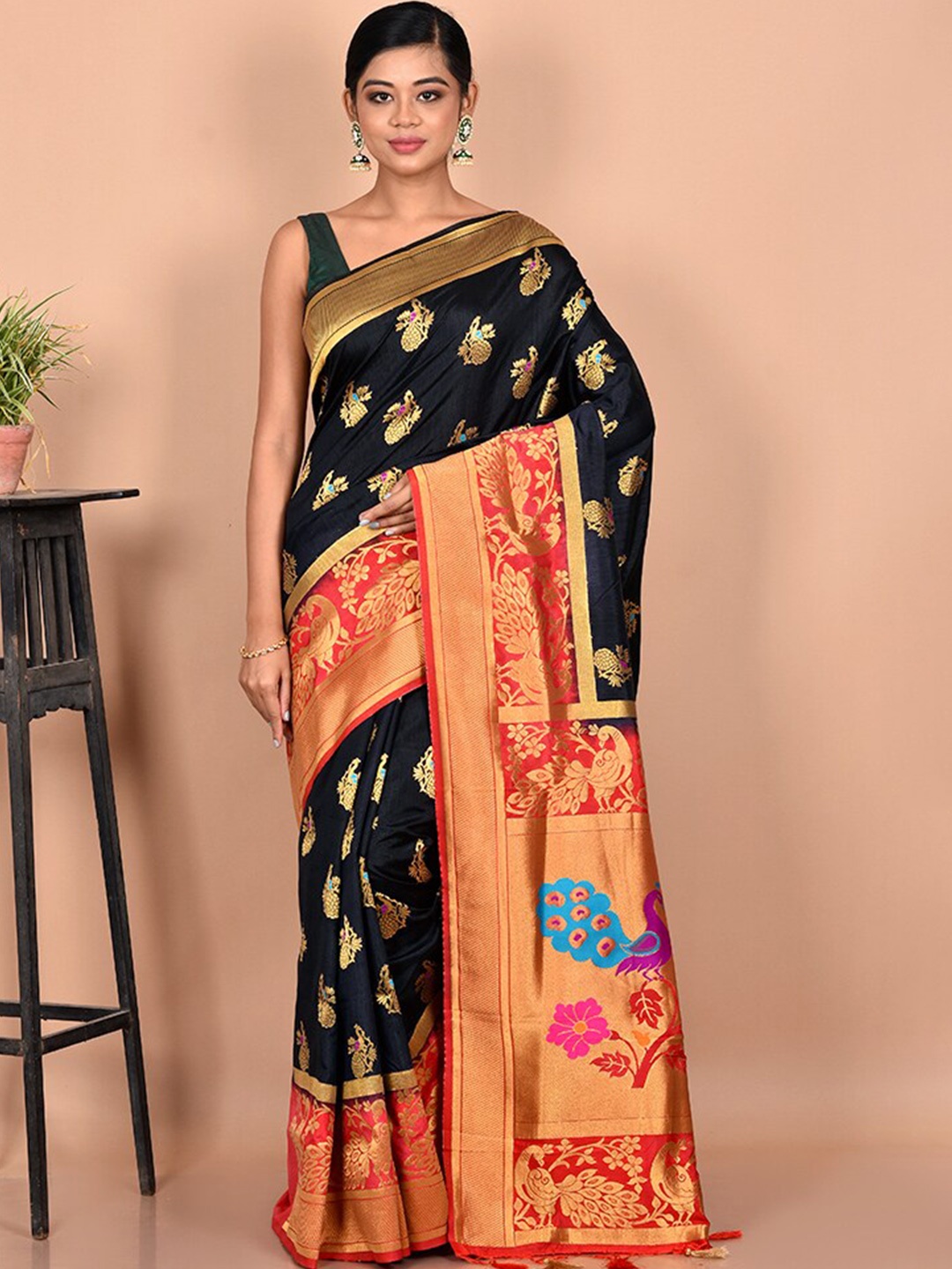 

AllSilks Black & Gold Woven Design Zari Dupion Silk Saree