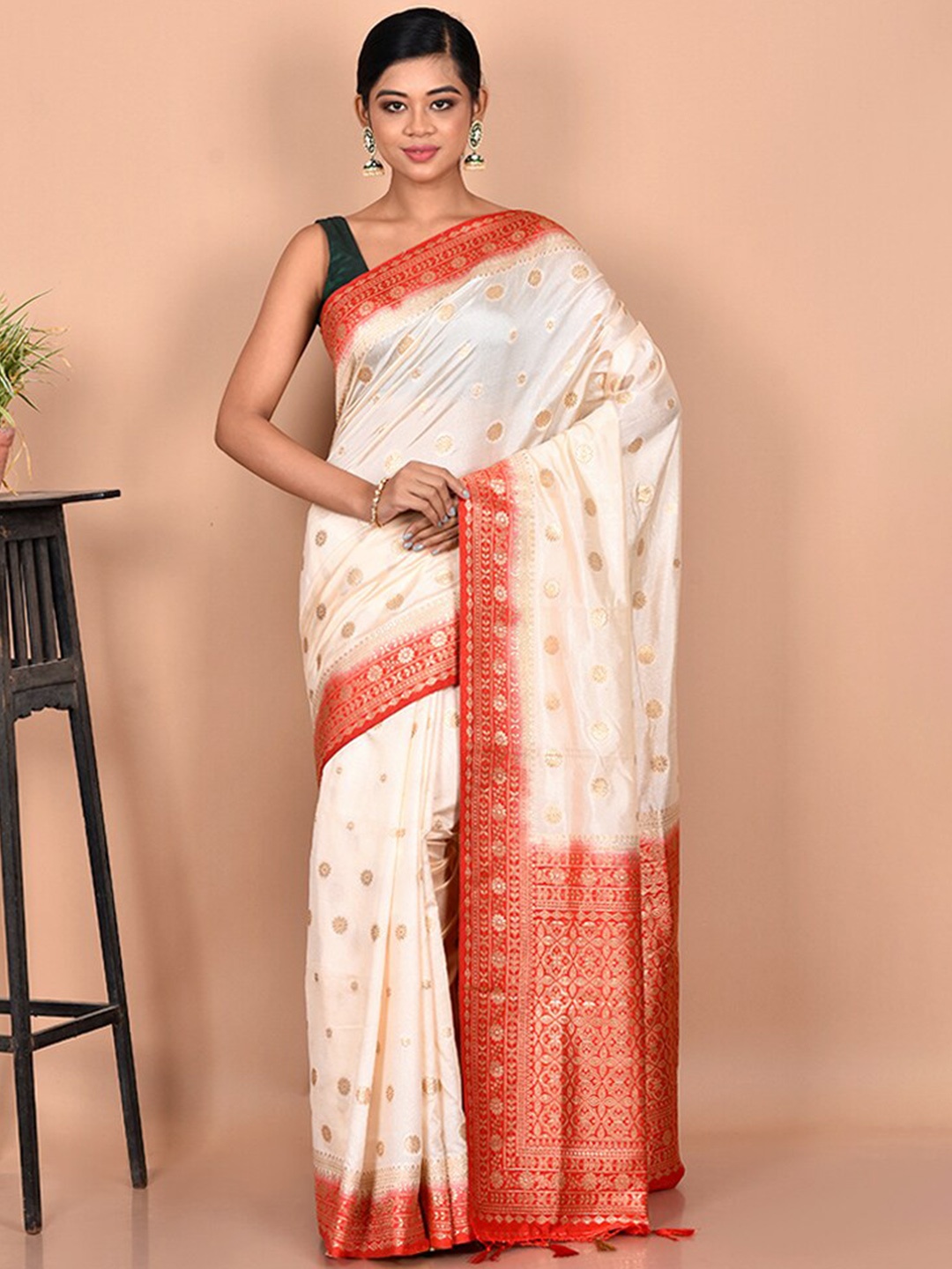 

AllSilks Off White & Red Woven Design Zari Dupion Silk Saree