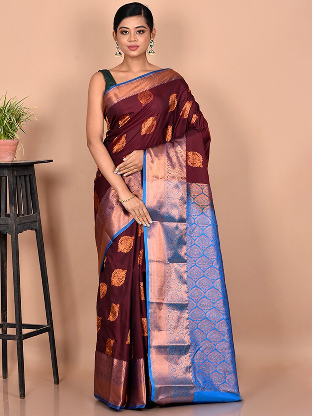 

AllSilks Burgundy & Blue Woven Design Zari Kanjeevaram Saree