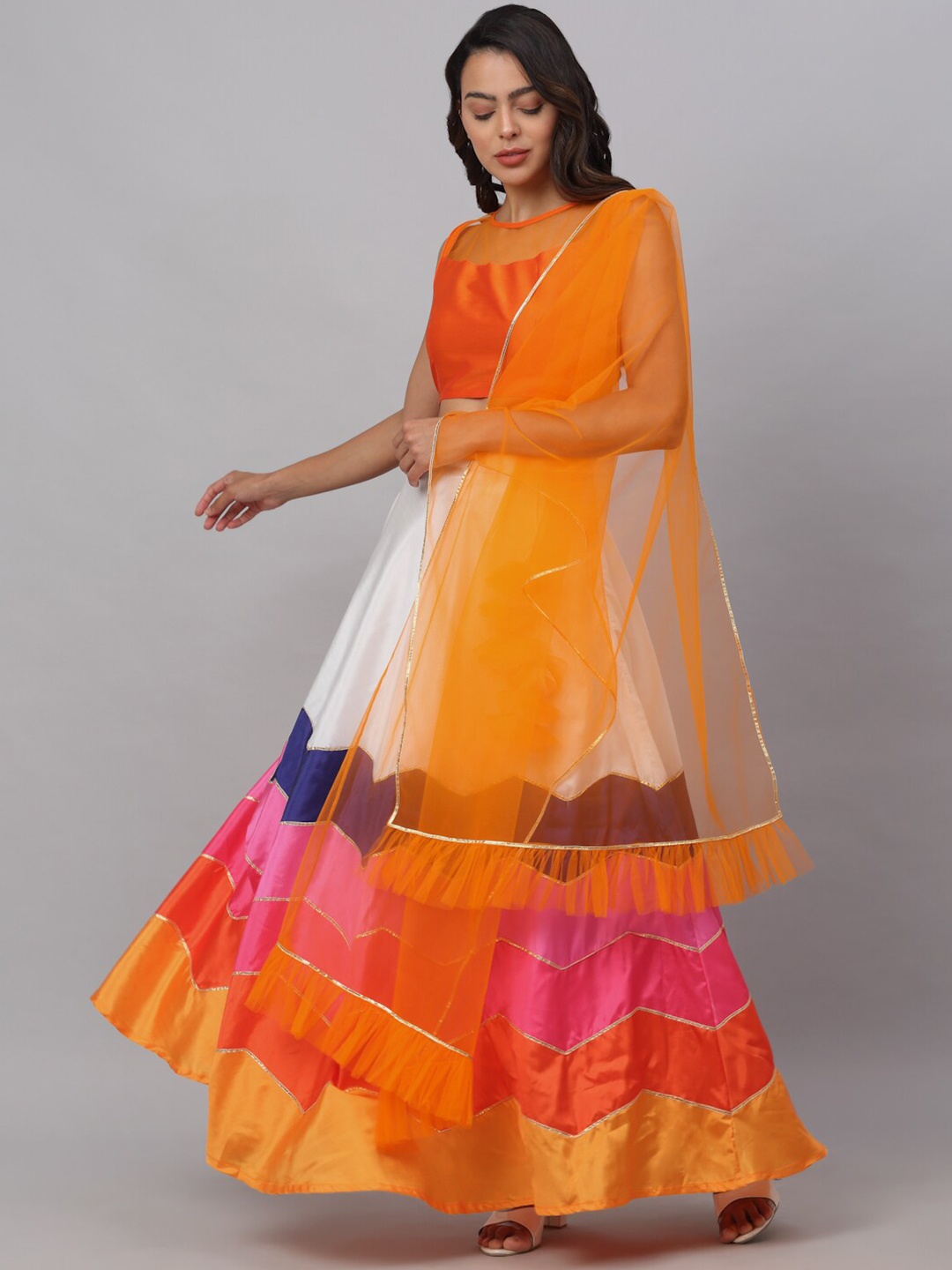 

NEUDIS Orange & White Ready to Wear Lehenga & Blouse With Dupatta