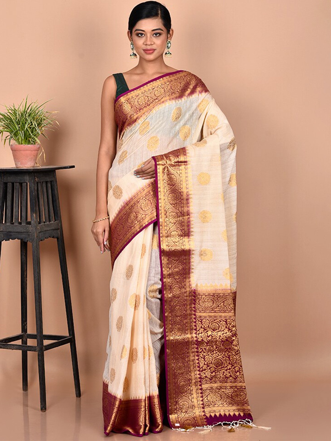 

AllSilks Off White & Magenta Woven Design Zari Dupion Silk Saree