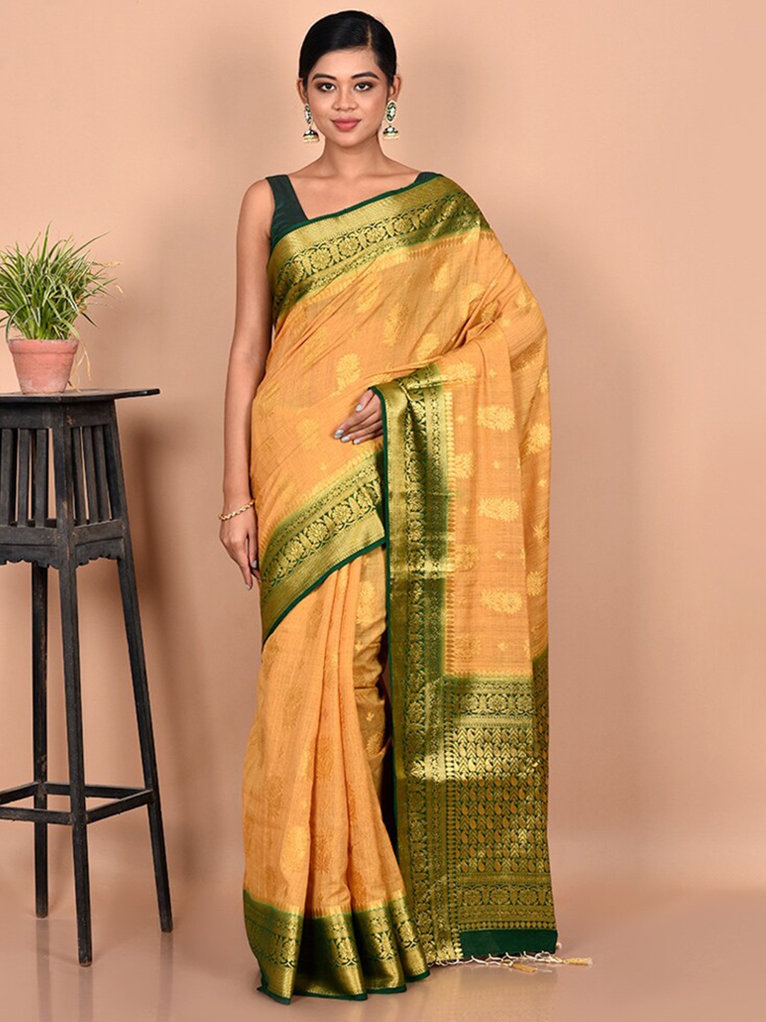 

AllSilks Mustard Yellow & Green Woven Design Zari Dupion Silk Saree