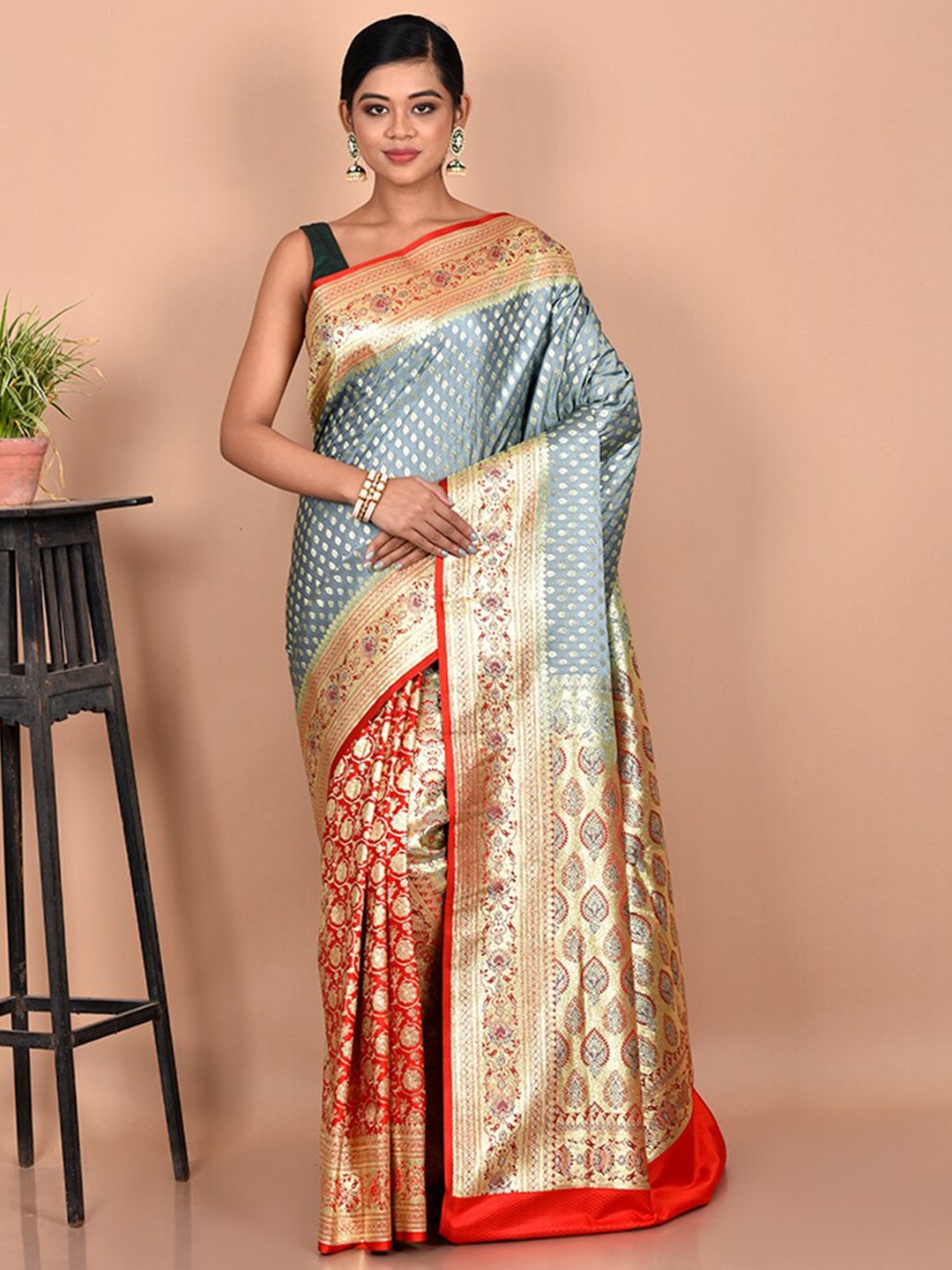 

AllSilks Grey & Red Woven Design Zari Banarasi Saree