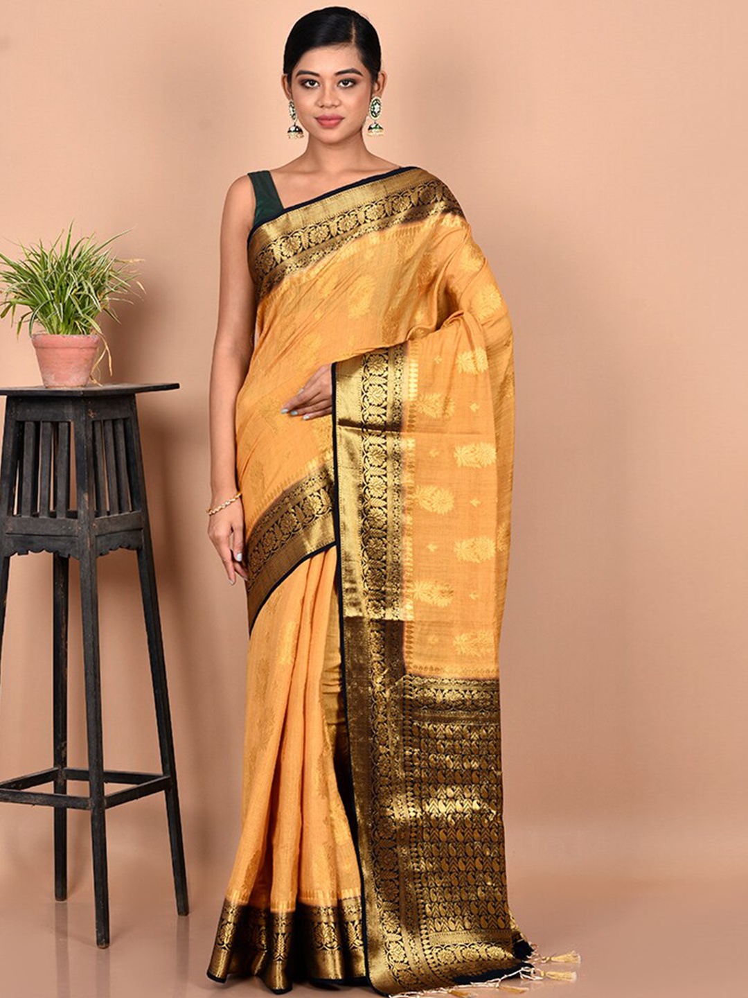 

AllSilks Mustard Yellow & Black Woven Design Zari Dupion Silk Saree