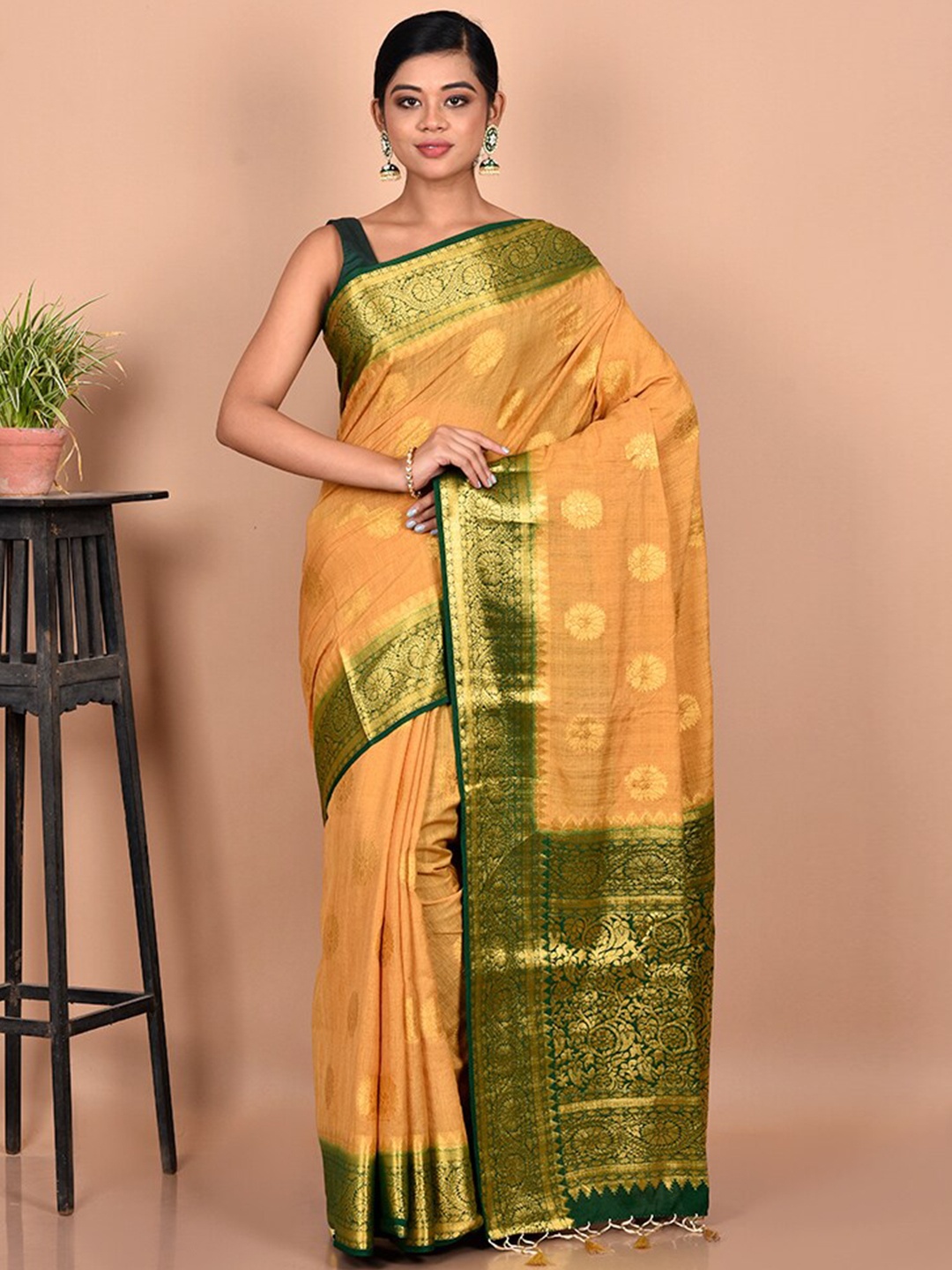 

AllSilks Mustard Yellow & Green Woven Design Zari Dupion Silk Saree