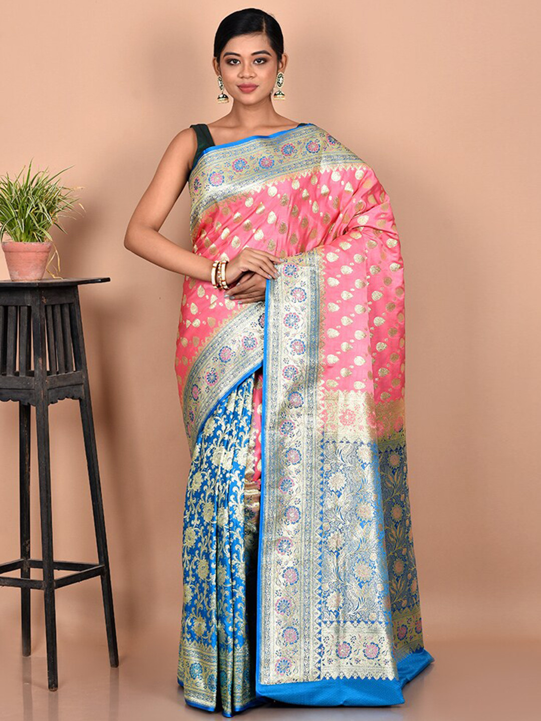 

AllSilks Pink & Turquoise Blue Woven Design Banarasi Saree