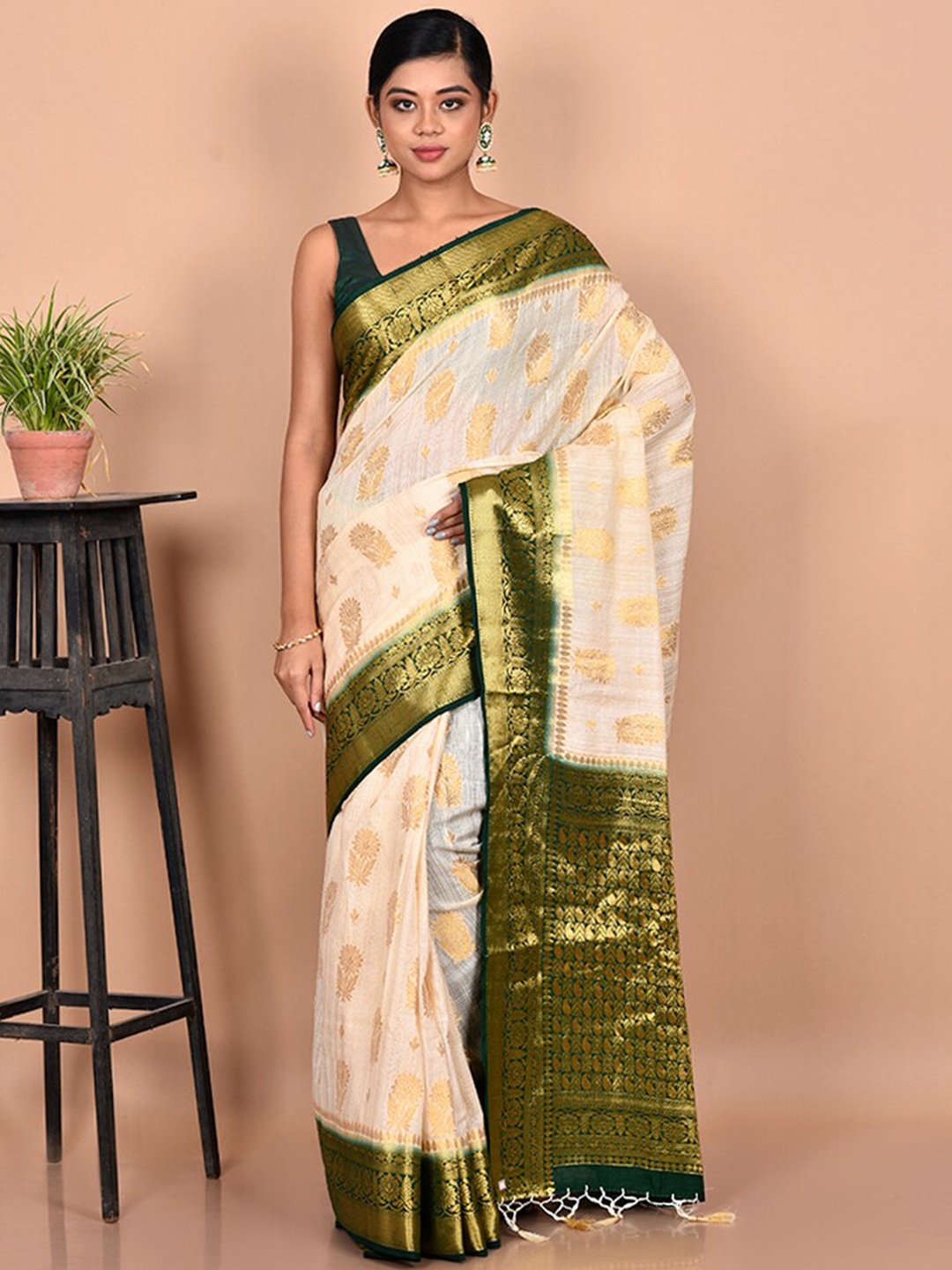 

AllSilks Off White & Green Woven Design Zari Dupion Silk Saree