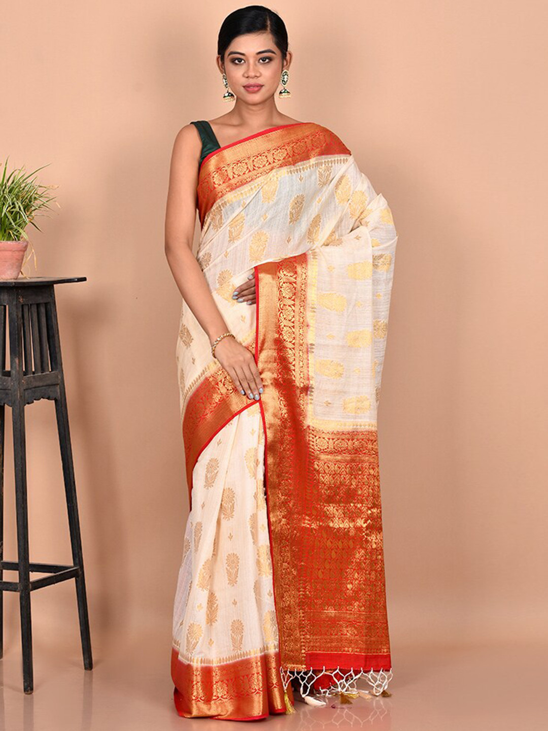 

AllSilks Off White & Red Woven Design Zari Dupion Silk Saree