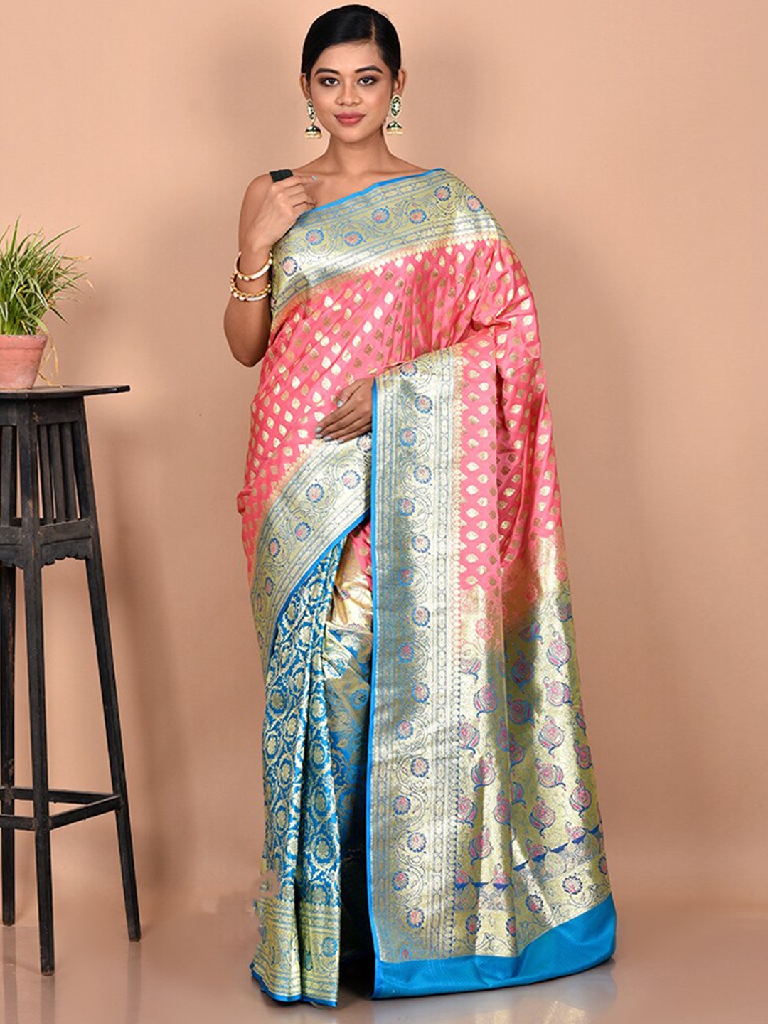 

AllSilks Pink & Blue Ethnic Motifs Zari Silk Blend Banarasi Saree