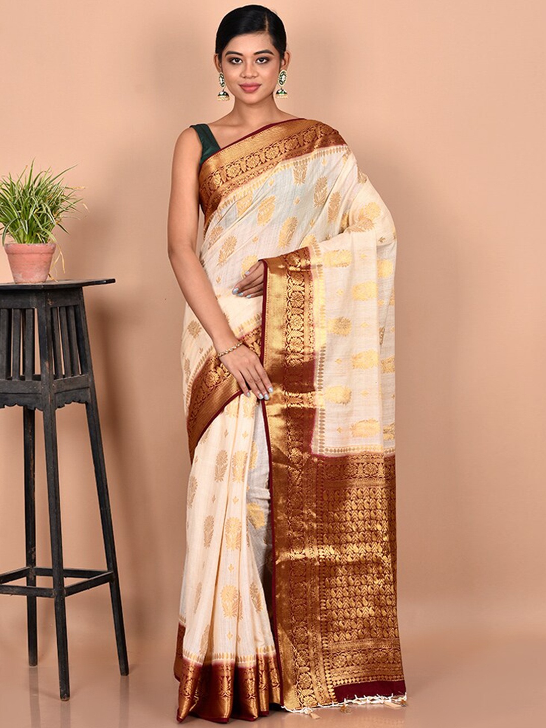 

AllSilks Off White & Brown Woven Design Zari Dupion Silk Saree