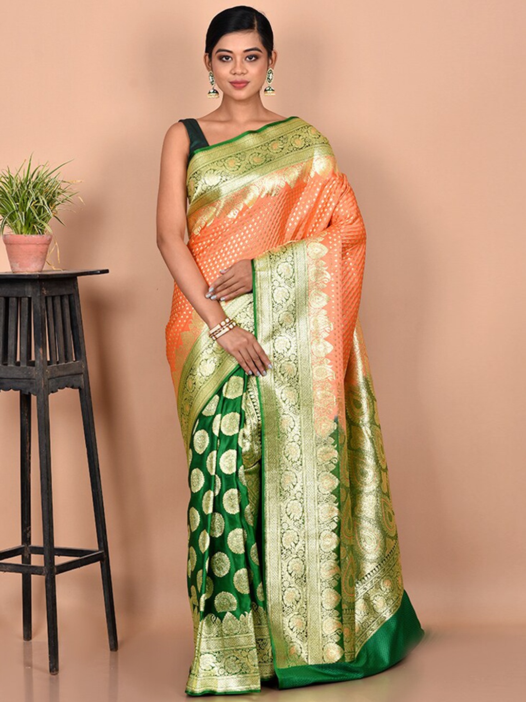 

AllSilks Peach & Green Woven Design Zari Banarasi Saree