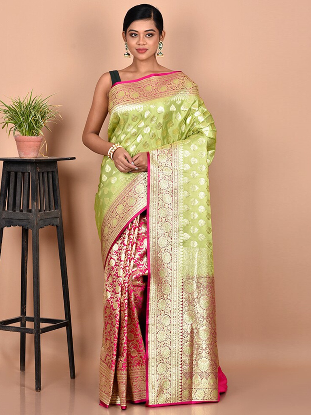 

AllSilks Green & Pink Woven Design Zari Banarasi Saree