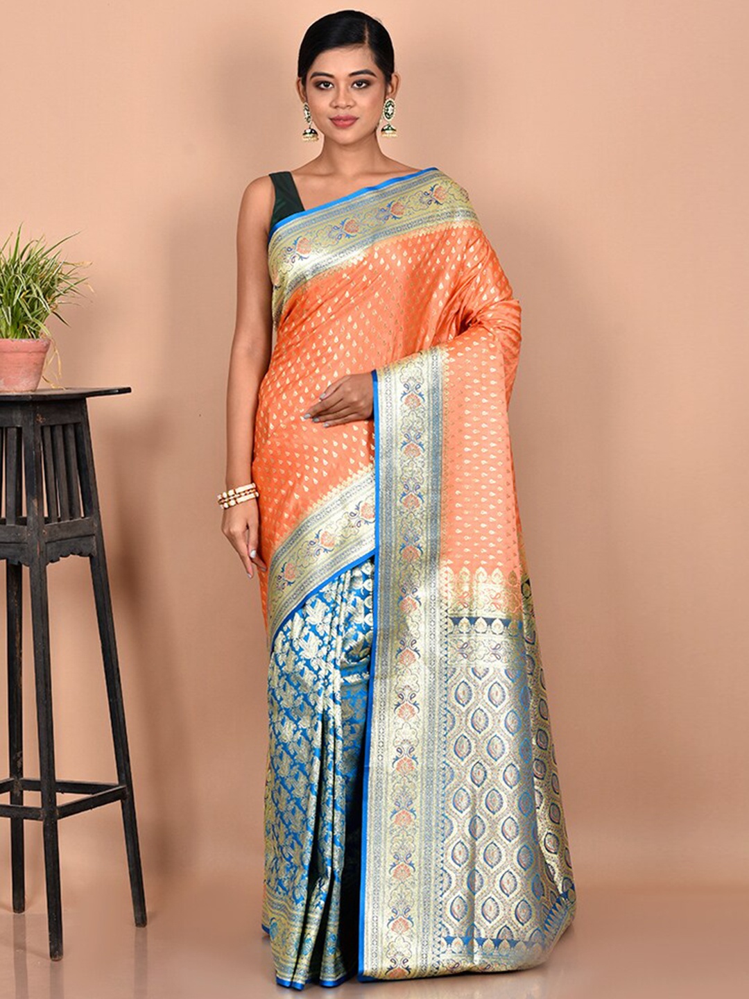

AllSilks Peach & Turquoise Blue Woven Design Zari Banarasi Saree