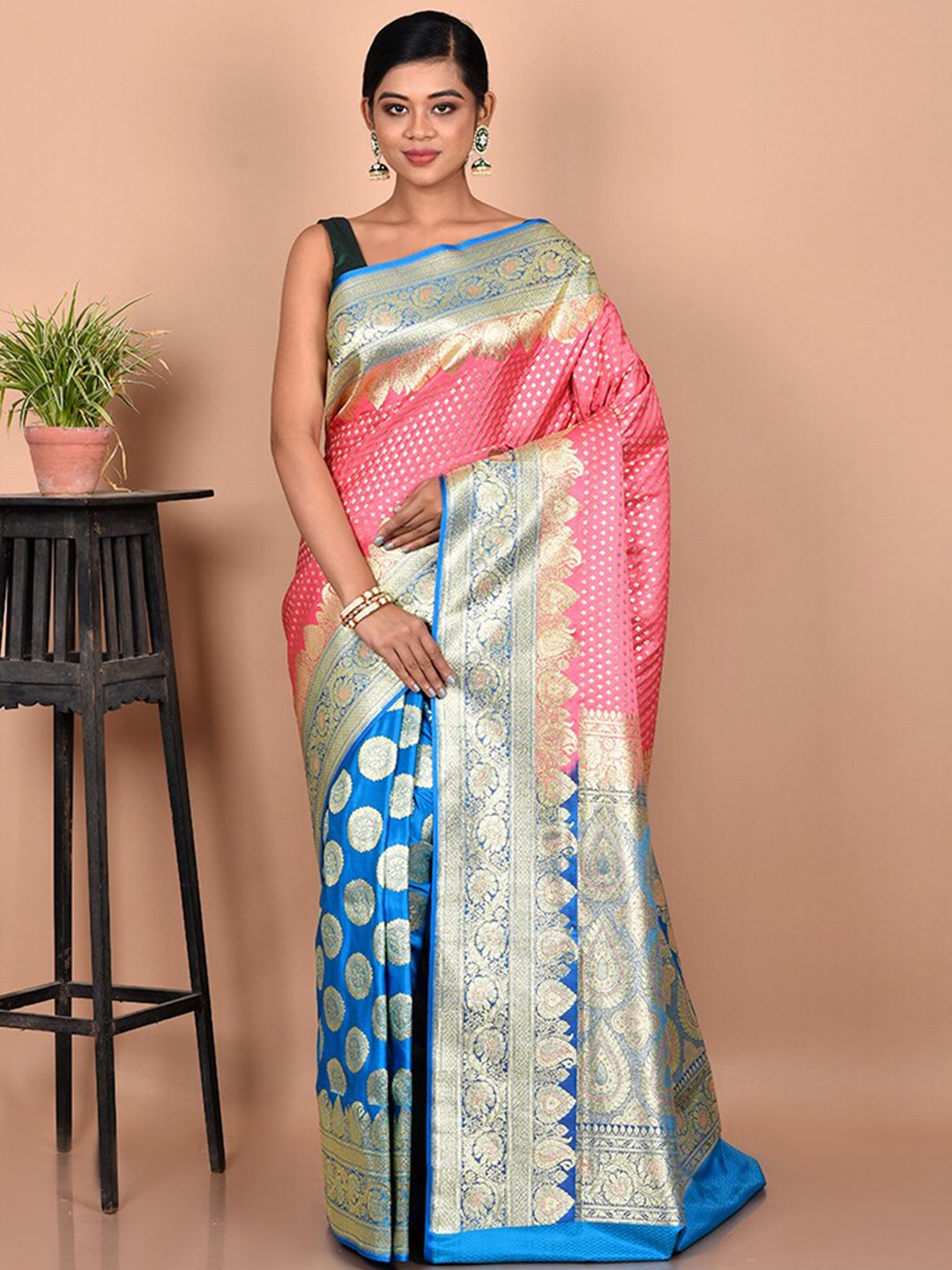 

AllSilks Pink & Blue Woven Design Zari Banarasi Saree