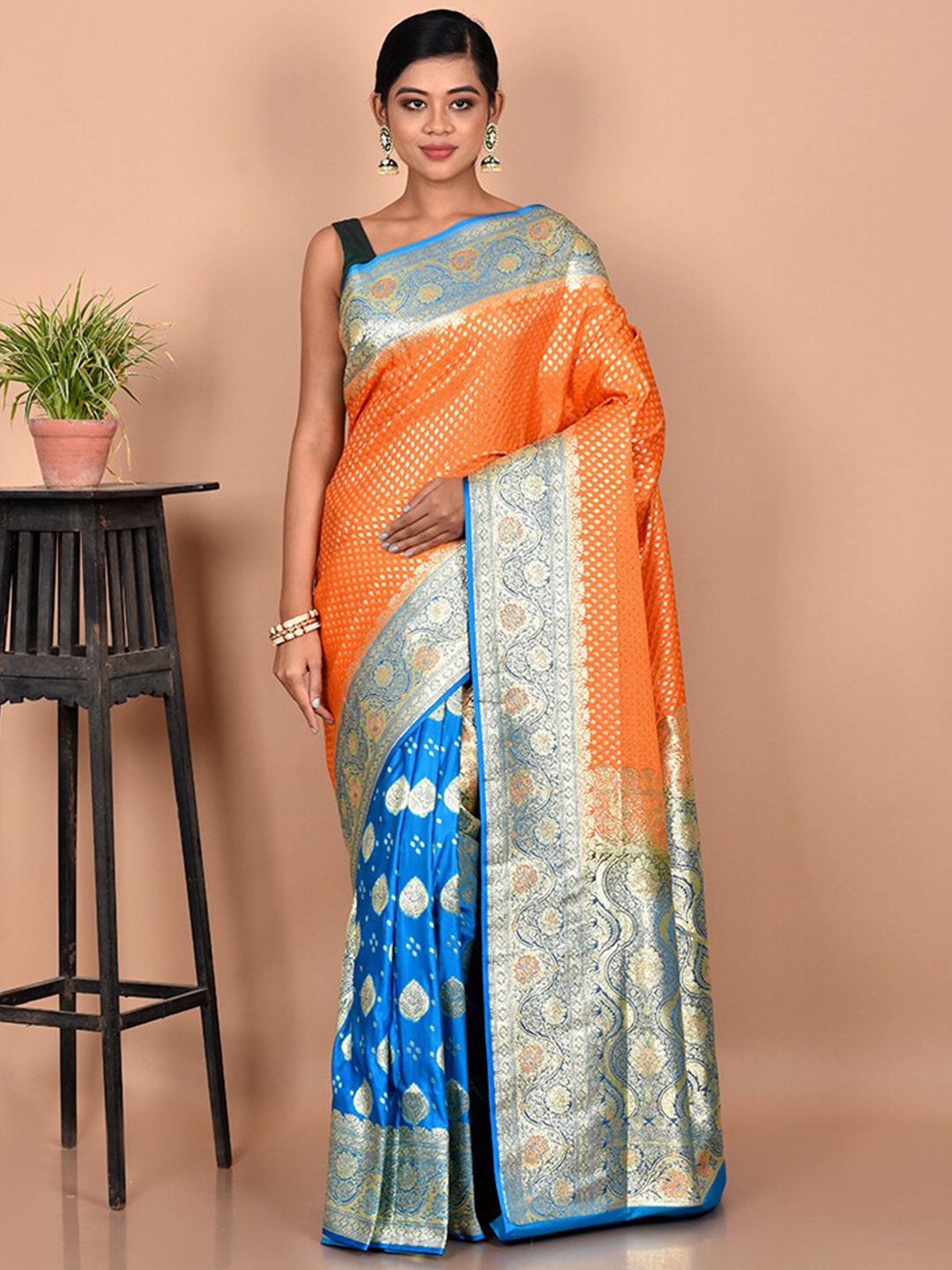 

AllSilks Orange & Turquoise Blue Woven Design Zari Banarasi Saree