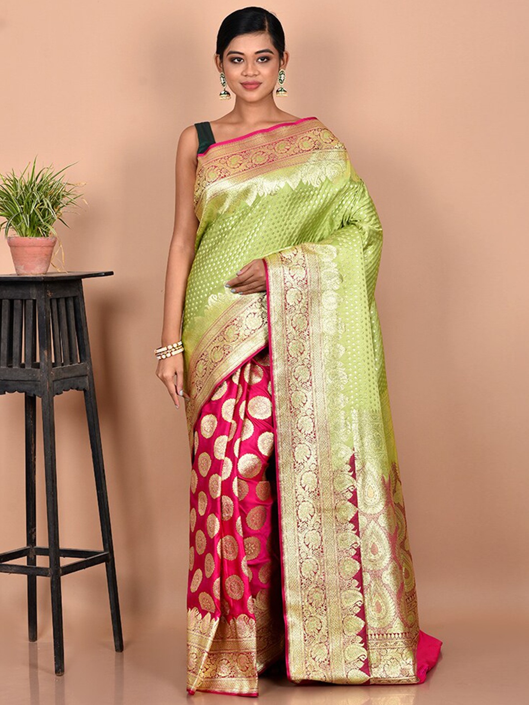 

AllSilks Green & Red Woven Design Zari Silk Blend Banarasi Saree