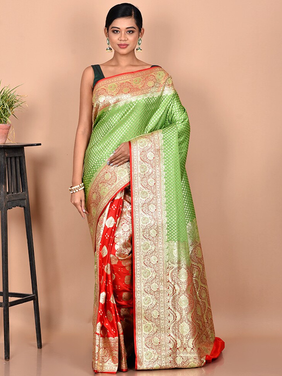 

AllSilks Green & Red Woven Design Zari Banarasi Saree