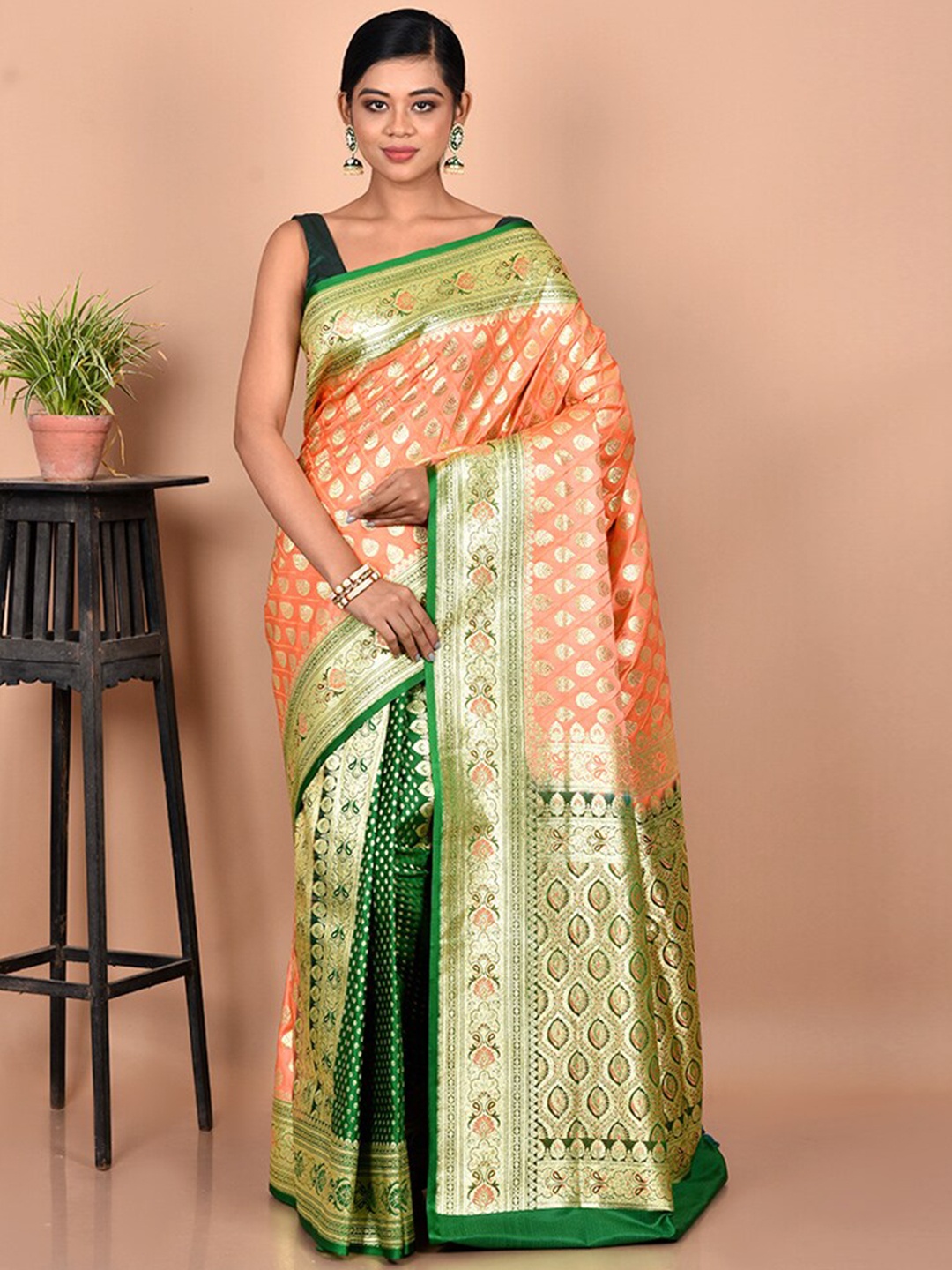 

AllSilks Peach & Green Woven Design Zari Banarasi Saree