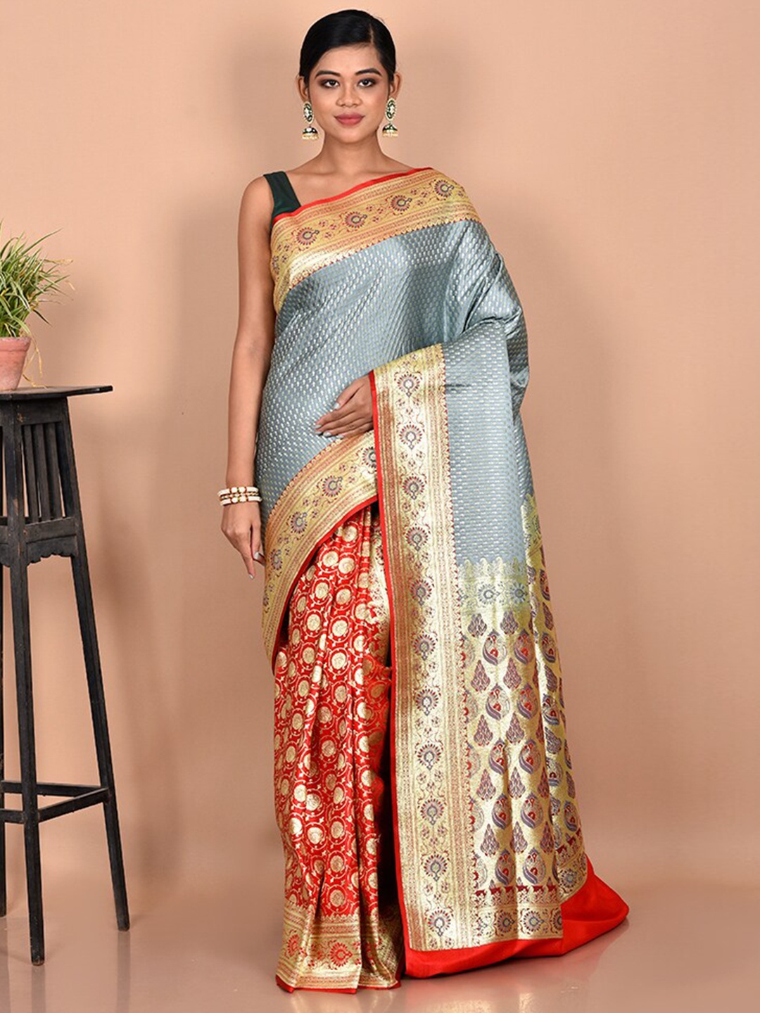 

AllSilks Grey & Red Woven Design Zari Banarasi Saree