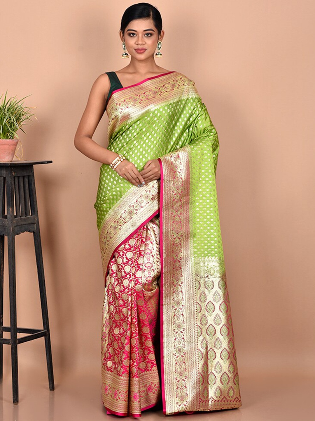 

AllSilks Green & Pink Woven Design Zari Banarasi Saree