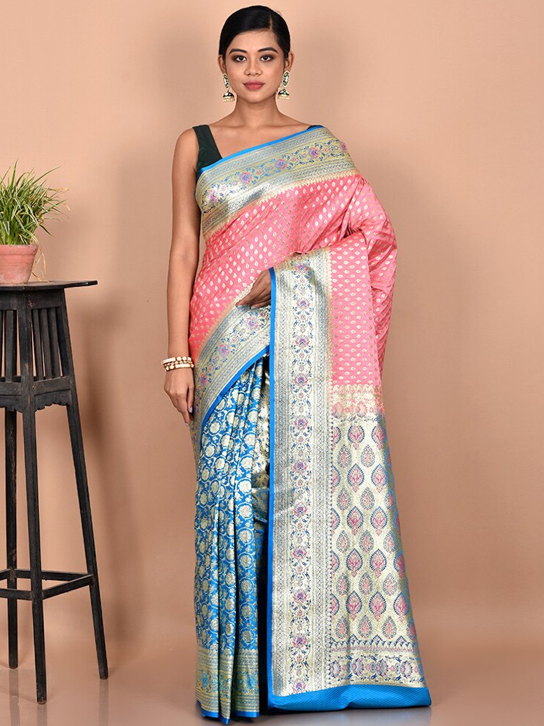 

AllSilks Pink & Turquoise Blue Woven Design Zari Banarasi Saree