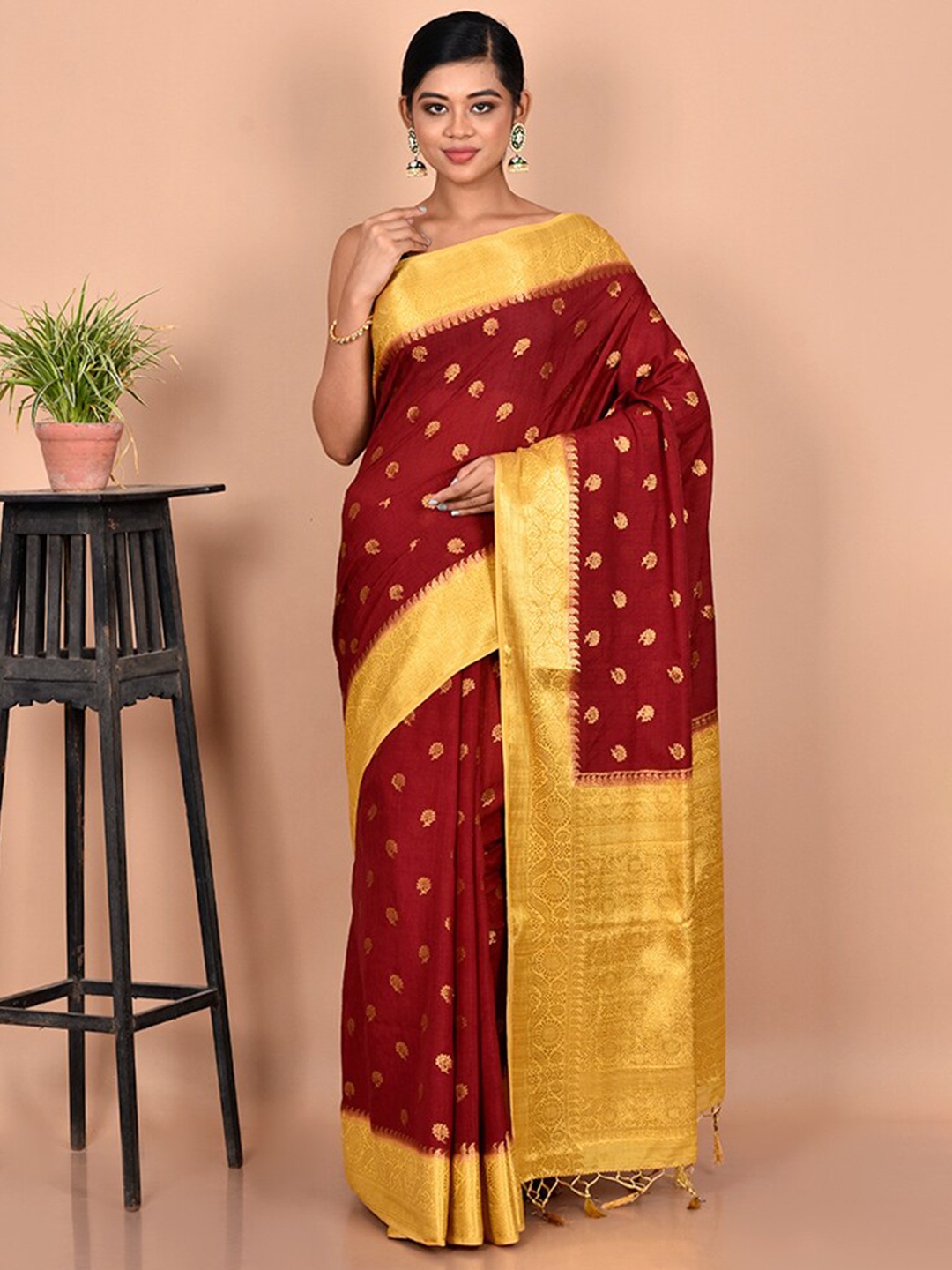 

AllSilks Maroon & Yellow Woven Design Zari Dupion Silk Saree
