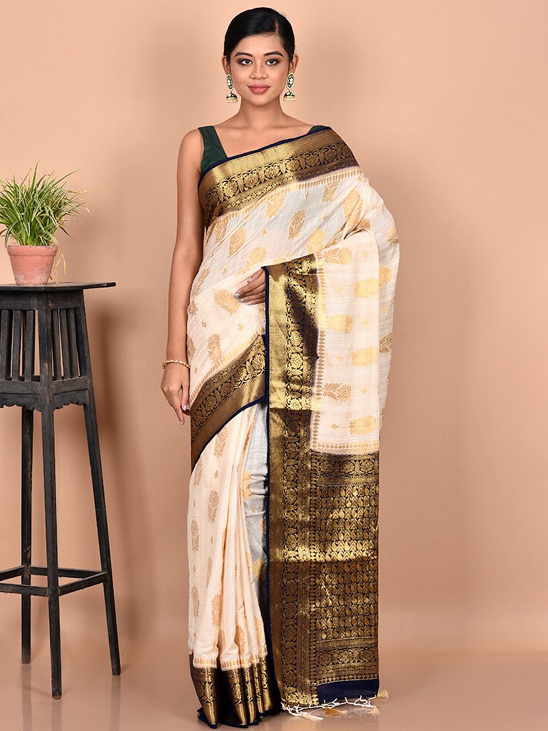 

AllSilks Off White & Gold Woven Design Zari Dupion Silk Saree